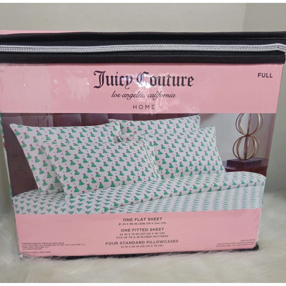 Juicy Couture Full Sheet Set Christmas Tree Monogram White Green Red 6 Piece NEW